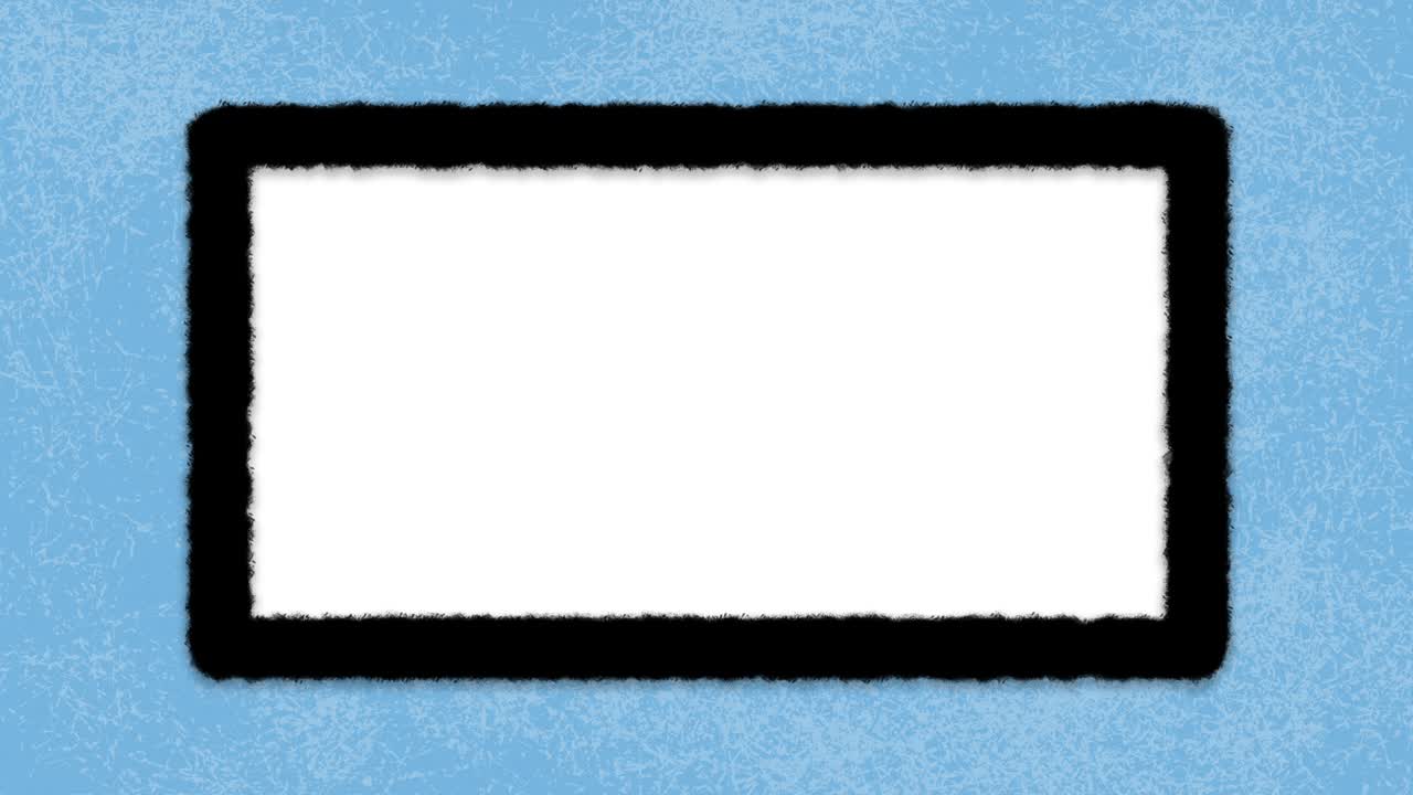 검은색 경계를 가진 빈  프레임, 텍스처 된 밝은 파란색 배경에. 복사 공간과 함께 스 모션 애니메이션.
