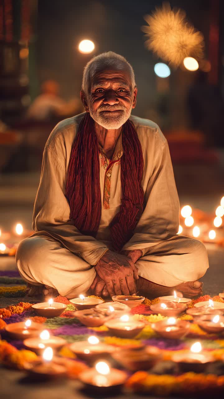 Uomo indiano anziano sorridente che fa il gesto del Namaste con dei Diya accesi