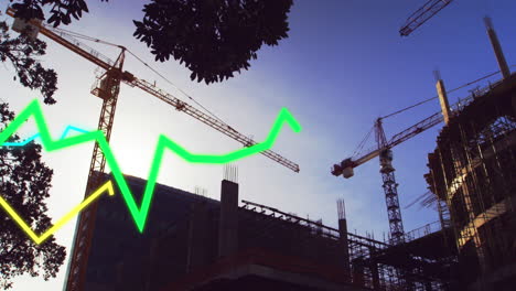 animación del procesamiento de datos financieros sobre el desarrollo y las grúas
