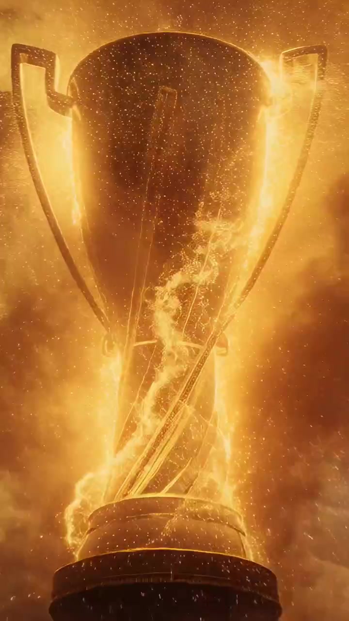 Video verticale: Fiamme che si accendono, una coppa trofeo di metallo che si solleva e si svela nel fumo, braci per la rivelazione.