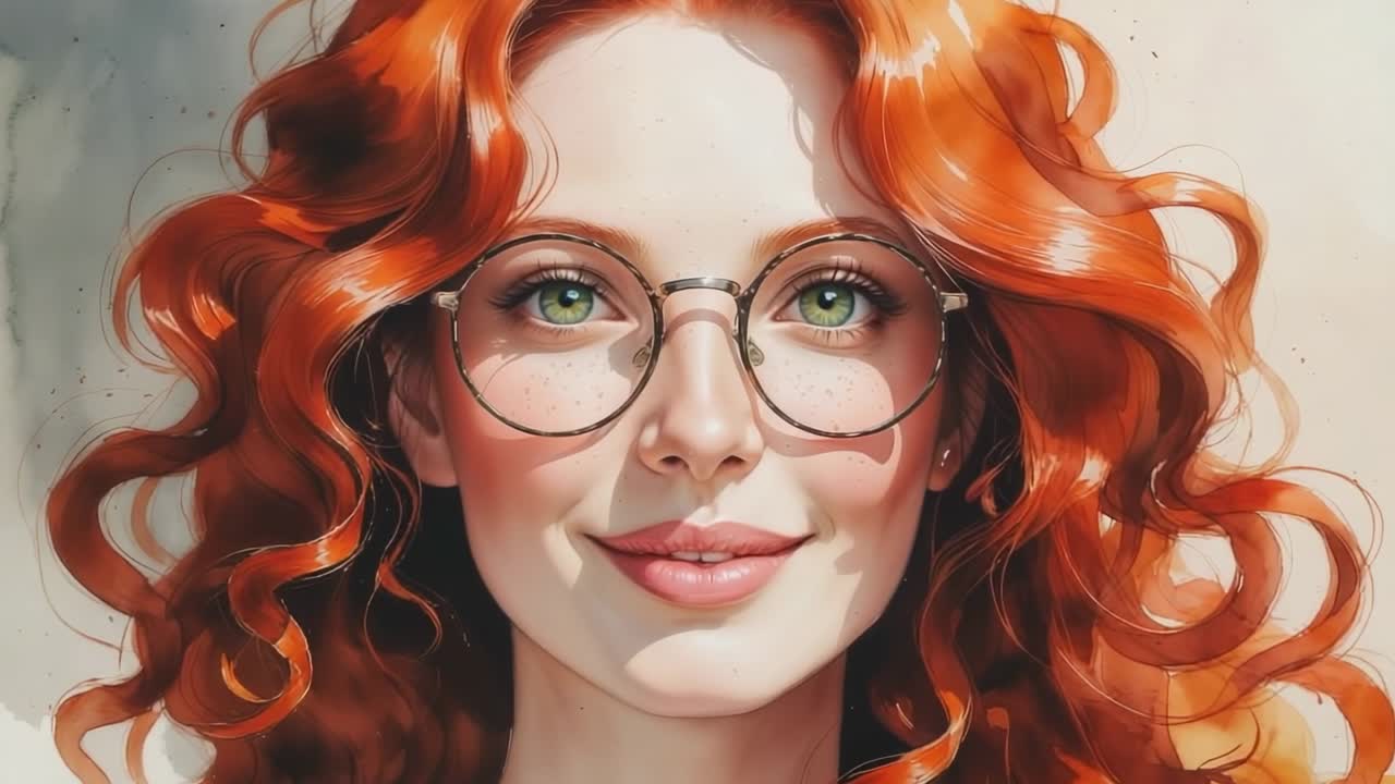 Zooming camera framing red-haired woman with metal glasses in studio, highlighting curls, freckles