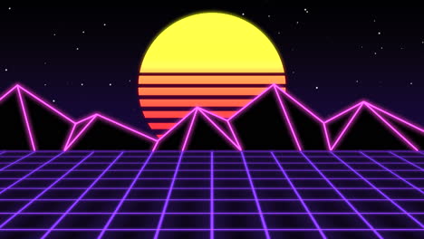 retro neon landscape with big sun, mountains and purple grid in dark galaxy