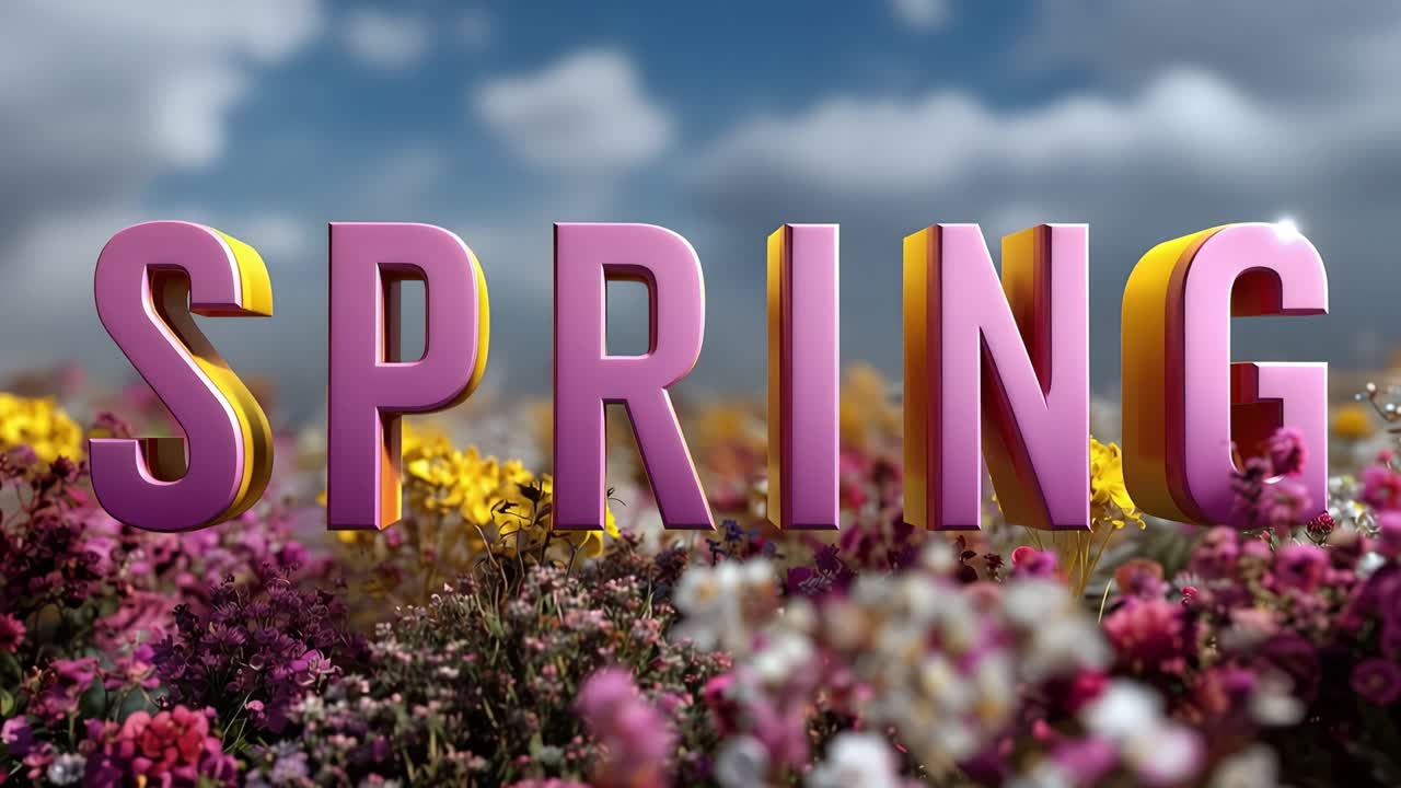 Vibrant spring blooms surround bold pink letters spelling "SPRING." Soft focus background highlights wildflowers under a bright sky. Colorful petals glow with fresh, energetic springtime joy