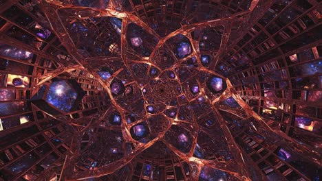 a breathtaking journey through an infinite cosmic web highlighting glimmers of stars and galaxies within a complex structure of cosmic geometry
