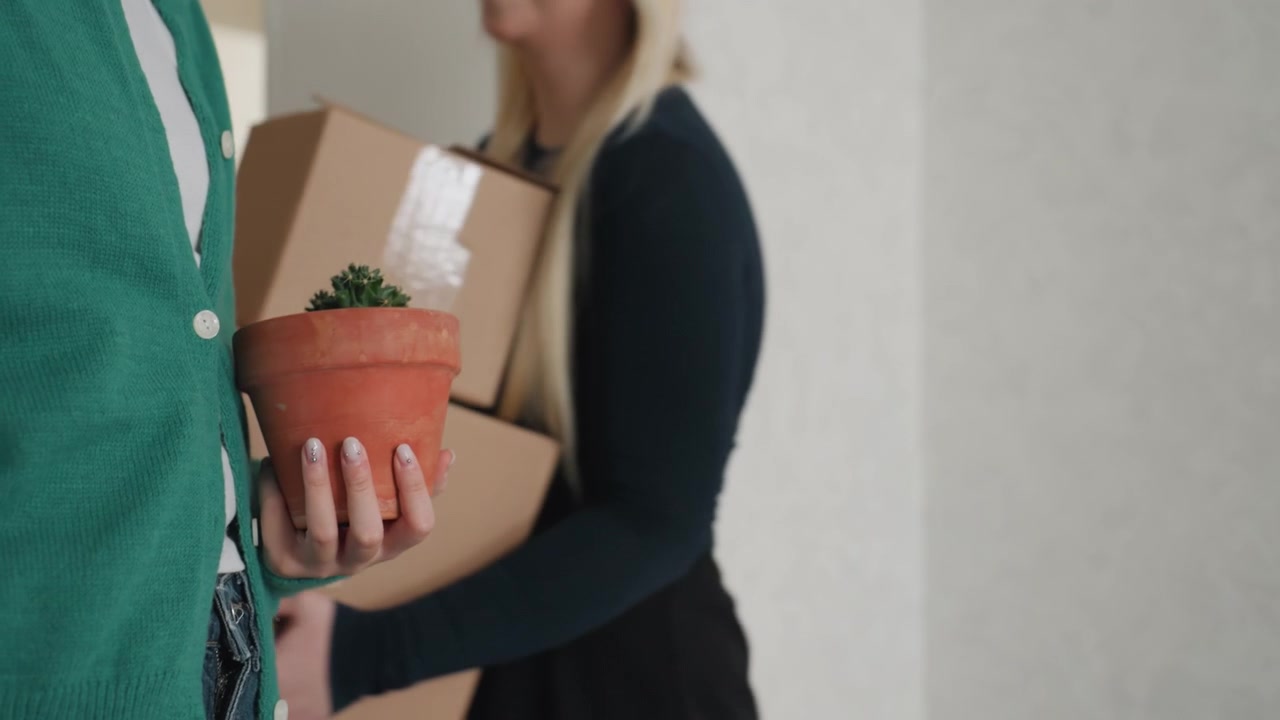 Donne che disimballano e ispezionano la disposizione della parete vicino a scatole e all'ingresso, la donna con il cardigan verde studia il motivo a nuvola e il posizionamento dell'illuminazione mentre la coinquilina sistema una pila di cartoni e abbozza l'installazione