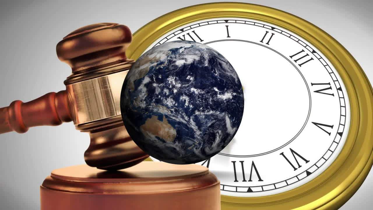 Animation of spinning globe and clock moving over gavel