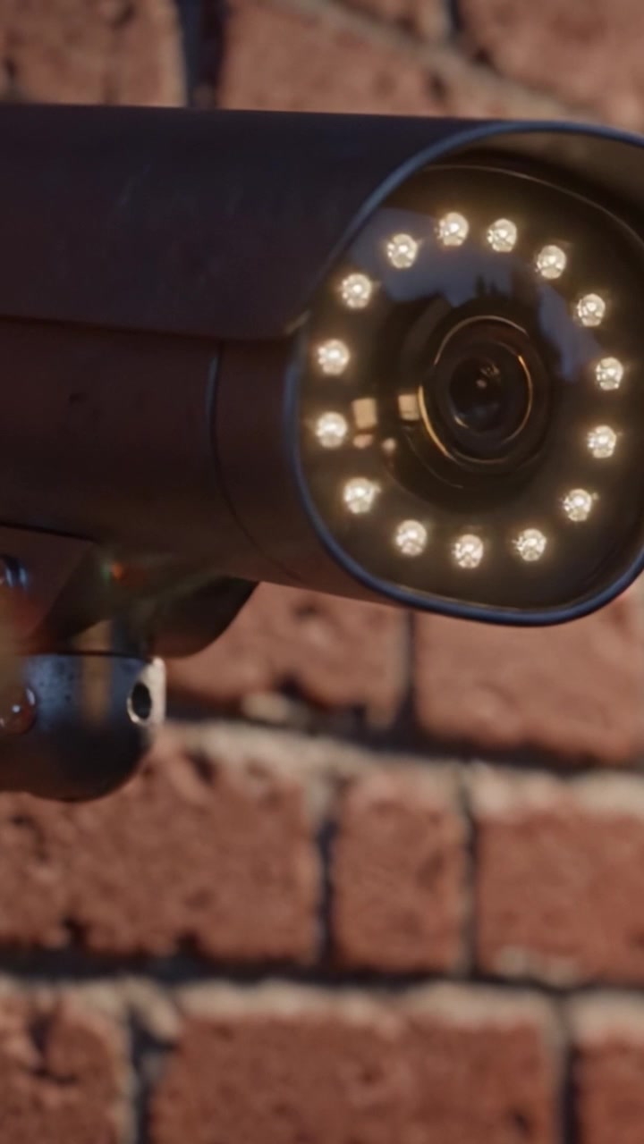 Detailed Close-up of a Modern Security Camera Mounted on a Brick Wall, Highlighting Its Design and Functionality in Surveillance Settings
