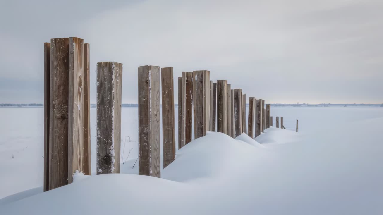 Tracking camera moving right following worn wooden posts on frozen shore, increasing depth