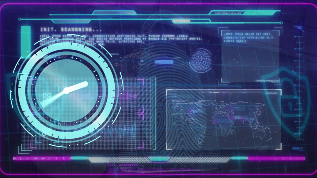 Animation of neon ticking clock over interface with data processing against purple background