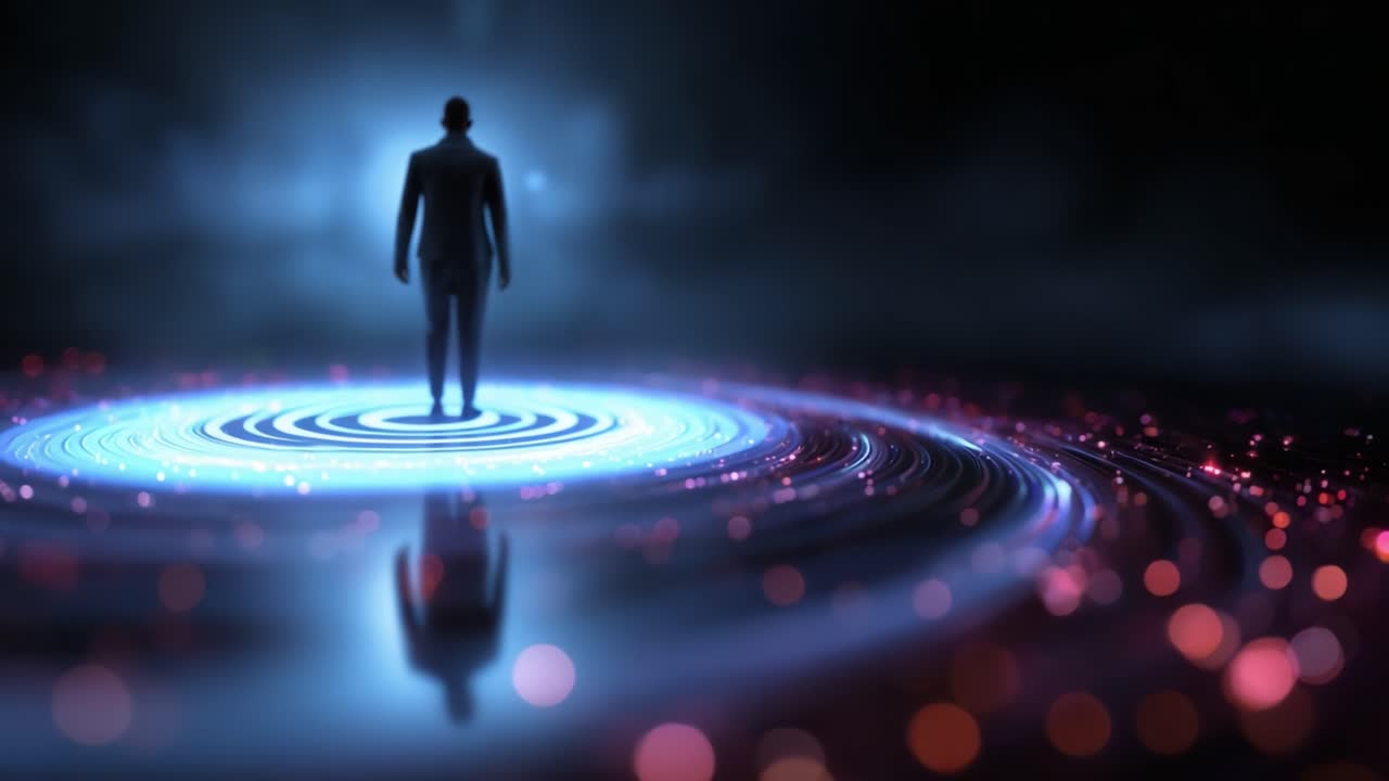 Una figura misteriosa si erge al centro di un pattern di luce vivido ed etereo, circondata da un’atmosfera enigmatica e particelle luminose in un’ambientazione da sogno