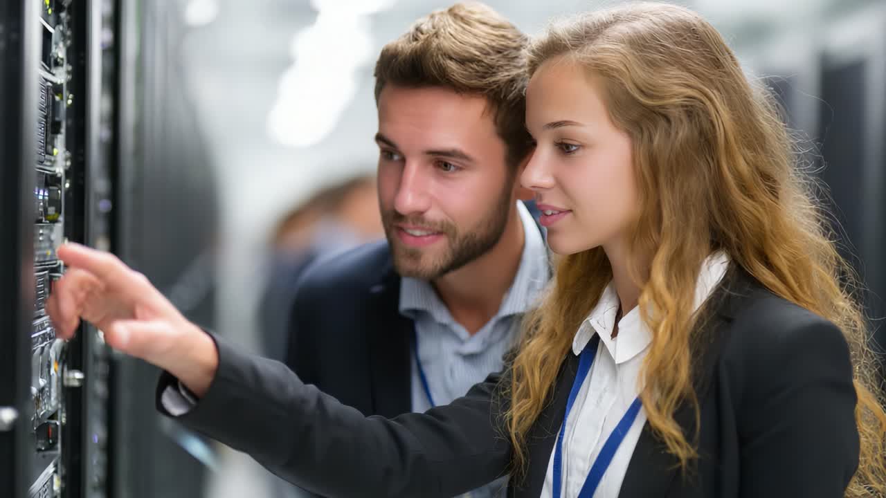 Collaborazione mirata nella gestione dei dati: professionisti, uomo e donna, che analizzano i rack dei server in un moderno ambiente di data center