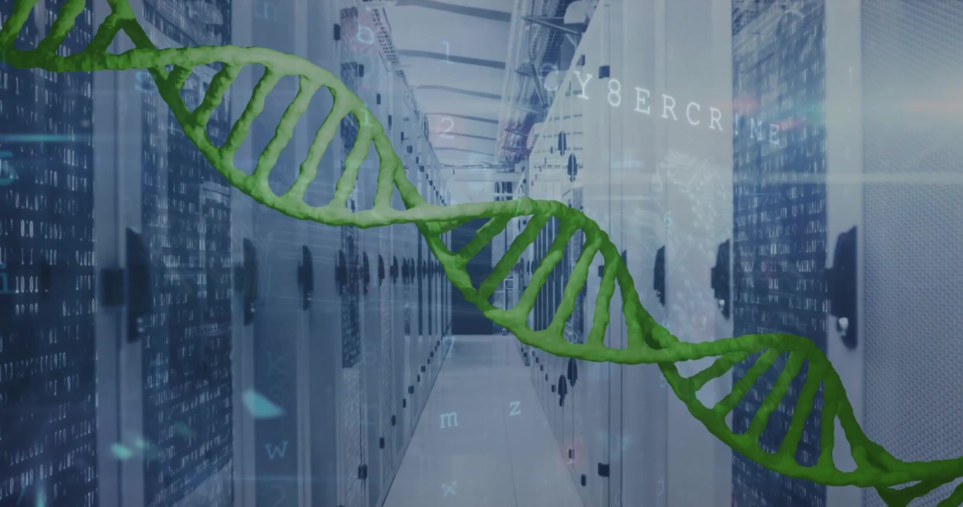 Animation of spinning dna strand over server room