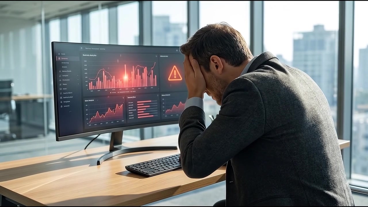 Stressed Businessman Analyzing Financial Data on Computer in Office