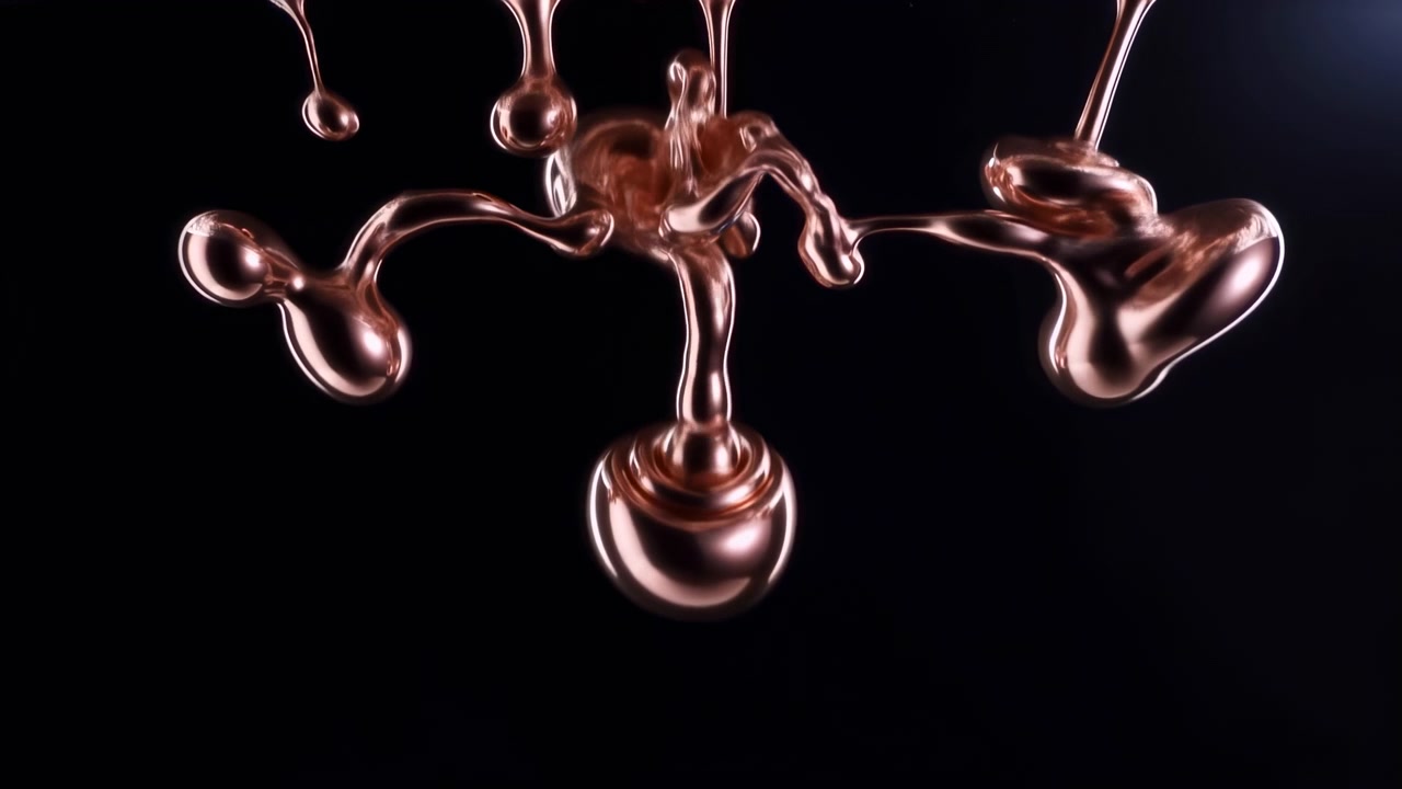 Goccioline di liquido bronzo sospese a metà sequenza su sfondo nero che enfatizzano l'allungamento.