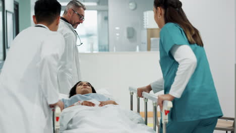 doctors, patient and people push hospital bed