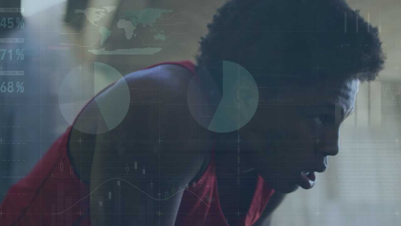 Animation of data with charts moving against tired african man relaxing after excising at gym