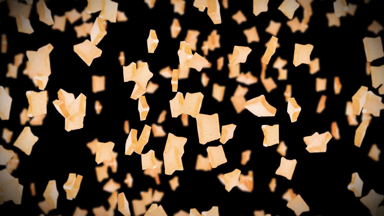 volando muchas rebanadas de pan en fondo negro. alimentos, alimentos y concepto de comer. animación 3d de rebanada de pan de trigo girando. animación de bucle.