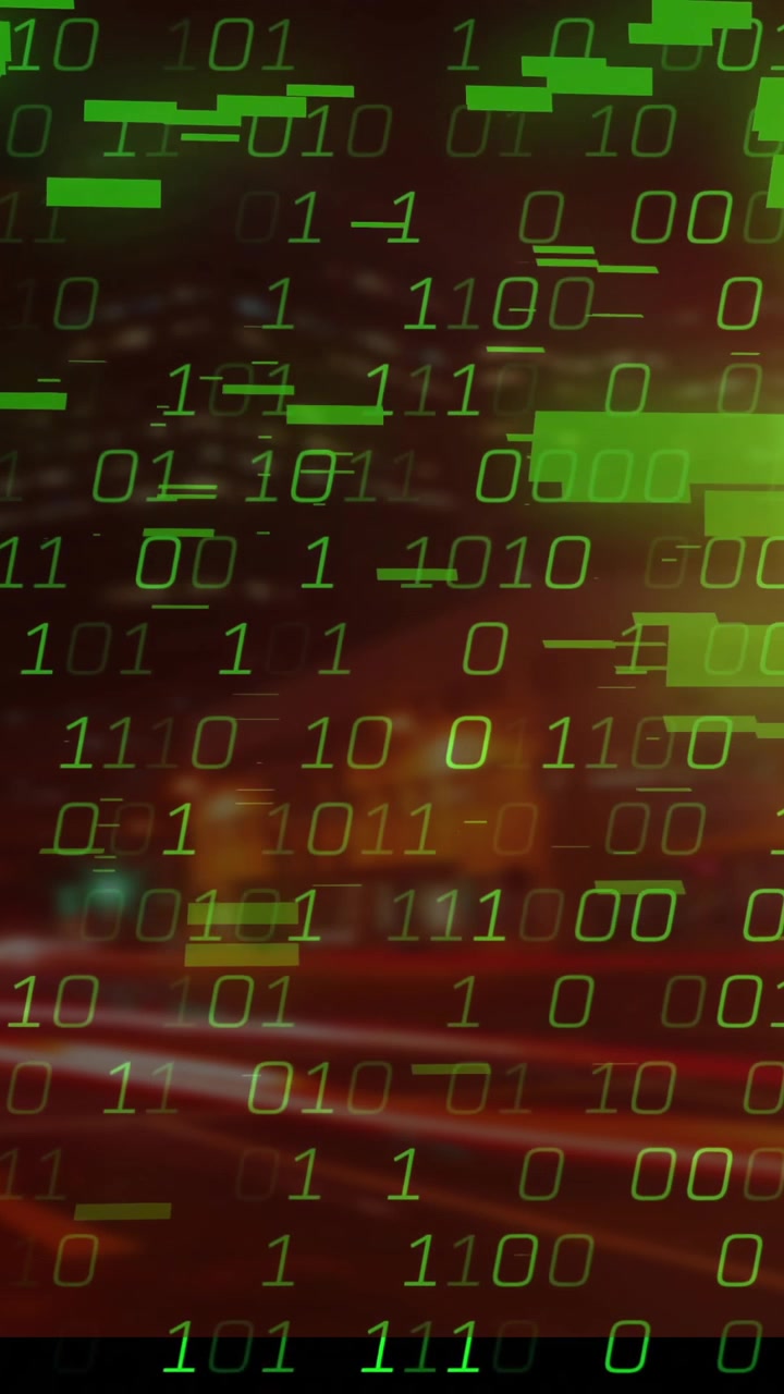 Animation of binary code with green data blocks overlaying cityscape at night