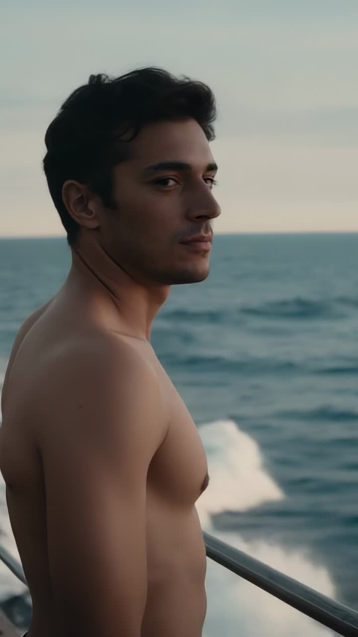 Vídeo vertical: hombre sin camiseta mirando a la cámara en una barandilla metálica, reaccionando a una ola