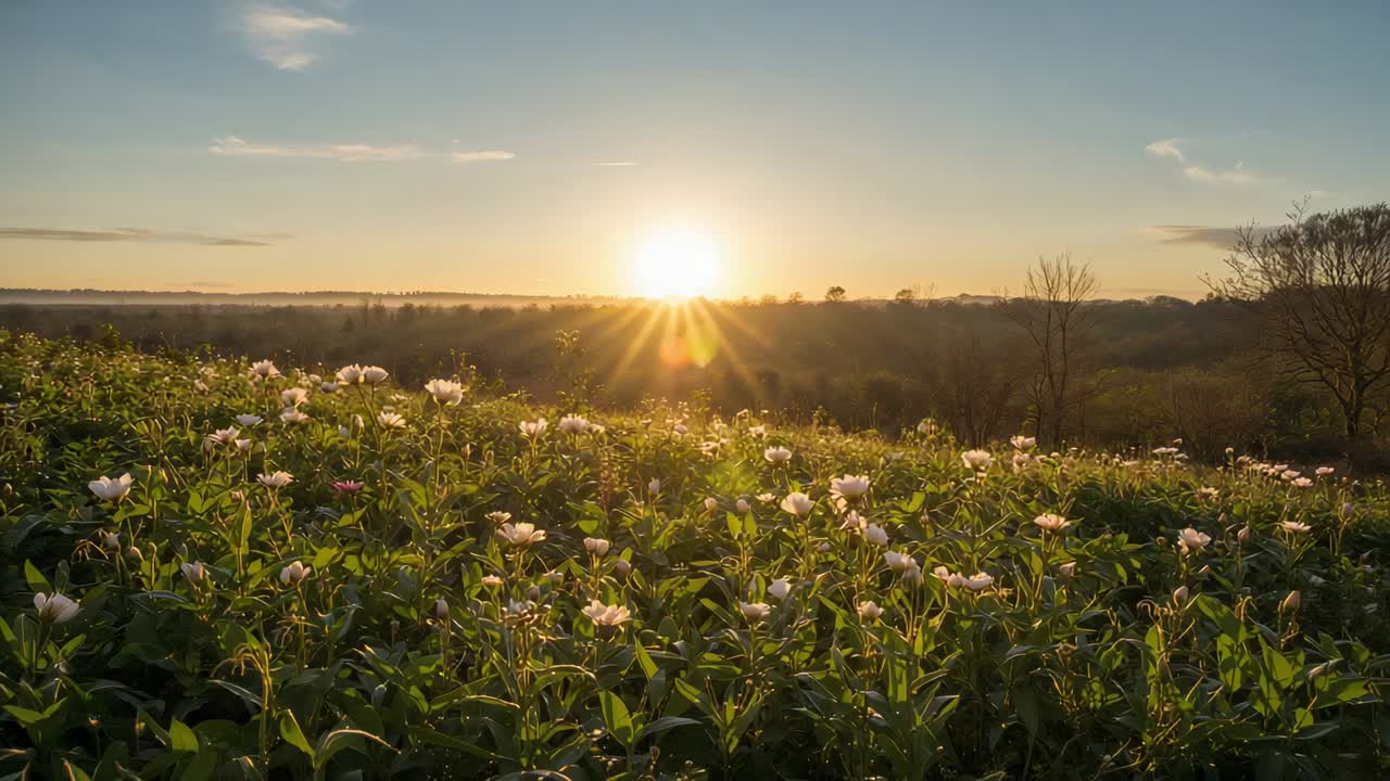 Sol nascente projetando raios em forma de estrela sobre um prado na encosta, iluminando flores rosa pálido e brancas.