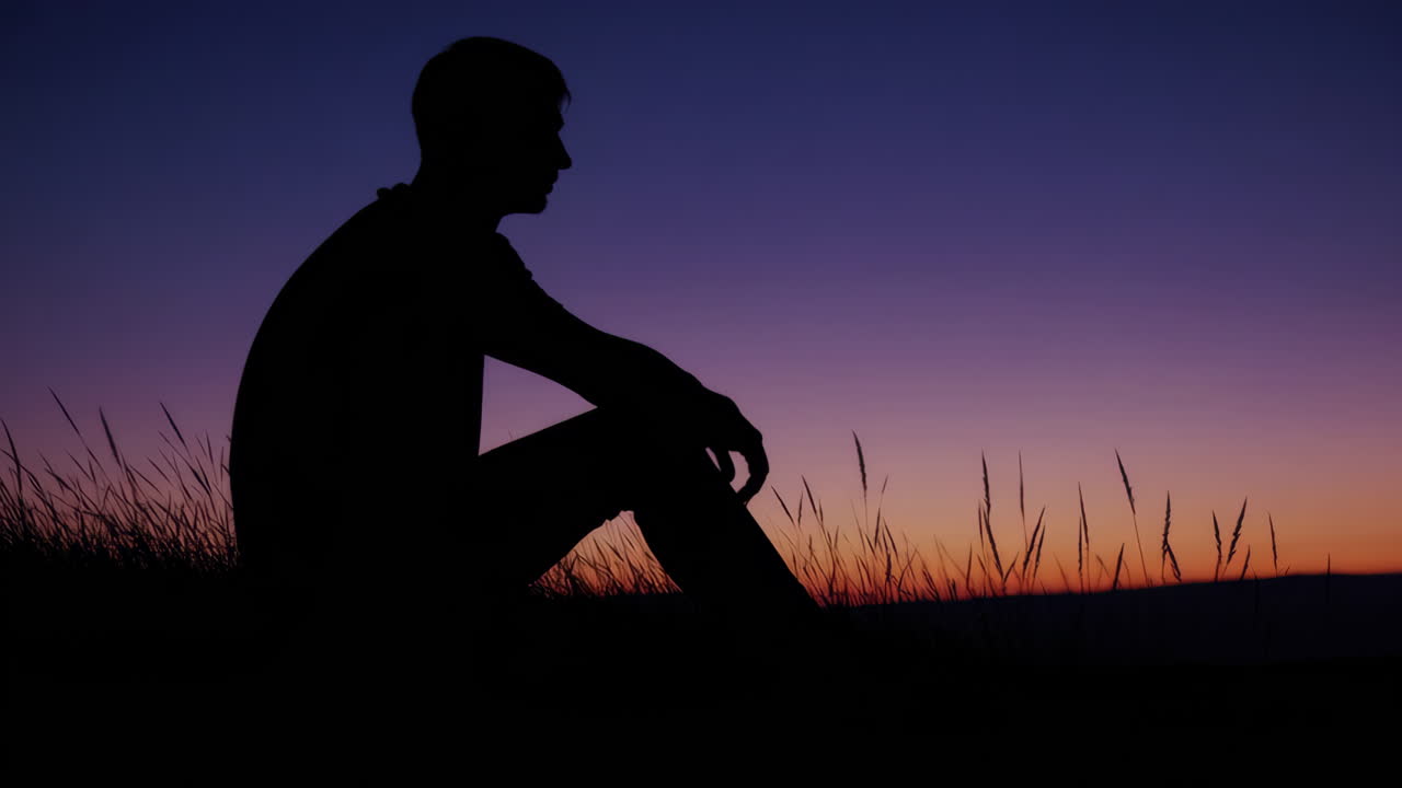 Silhouette of a Man Sitting in Sunset Grass