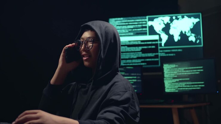 Ragazzo hacker asiatico che hackera il computer e parla al telefono