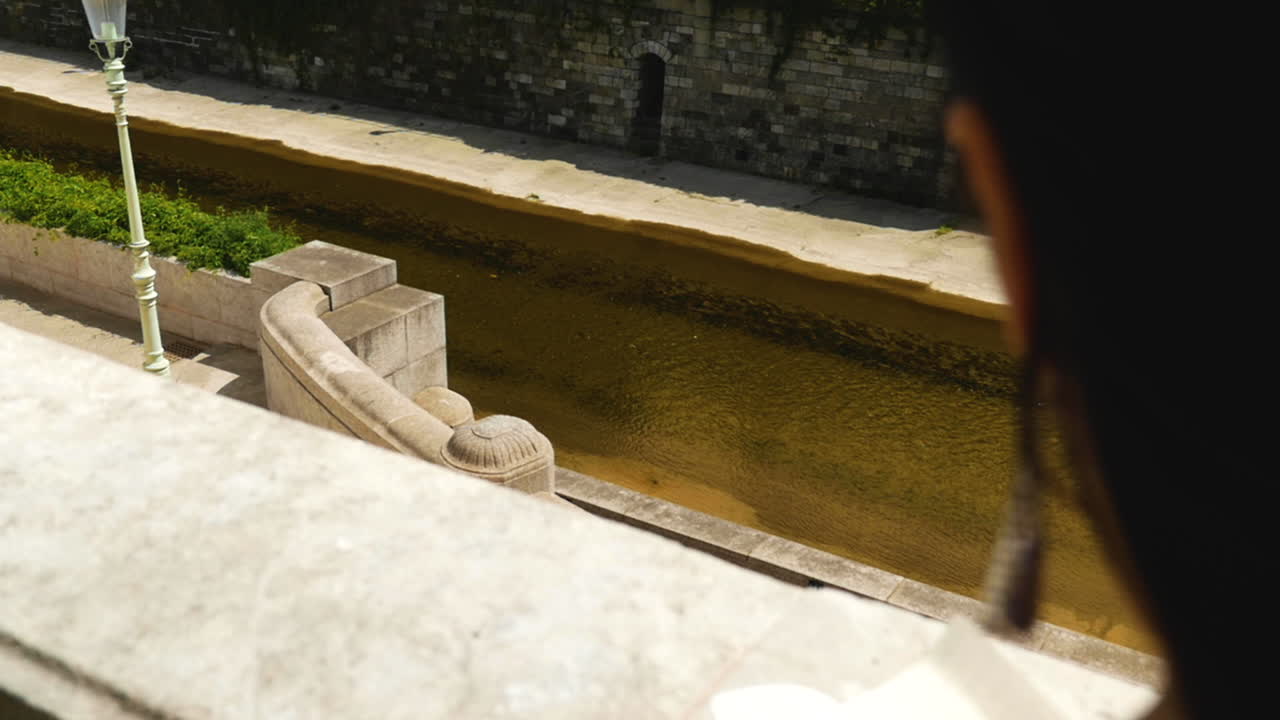 morena mira la sequía río viena y el puente caroline en stadtpark, vista trasera, cámara lenta