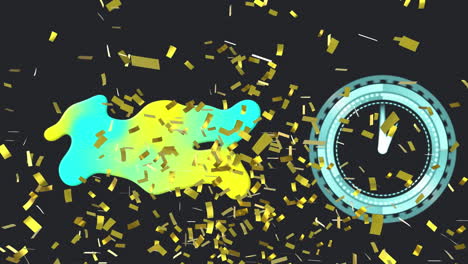 animation of confetti falling over clock and blob on black background