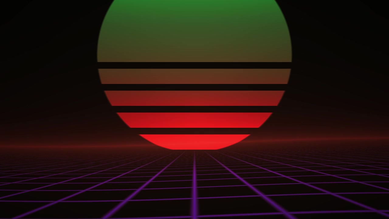 Retro synthwave-stil gitterlandskab med glødende sol