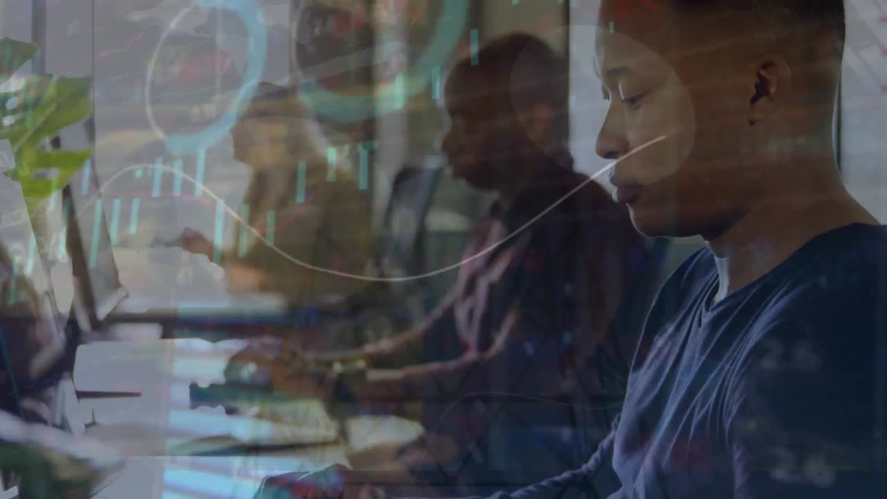 Animation of data processing over african american man using computer at office and network towers