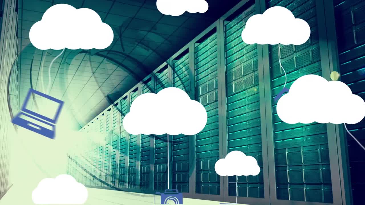 animación de nubes digitales con iconos sobre servidores de computadoras