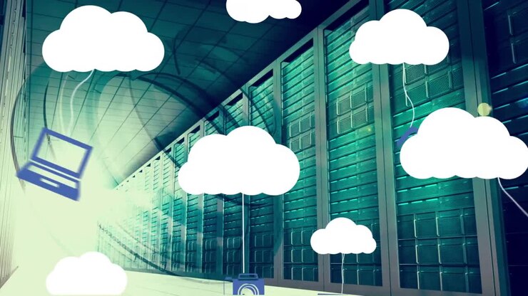 Animation of digital clouds with icons over computer servers