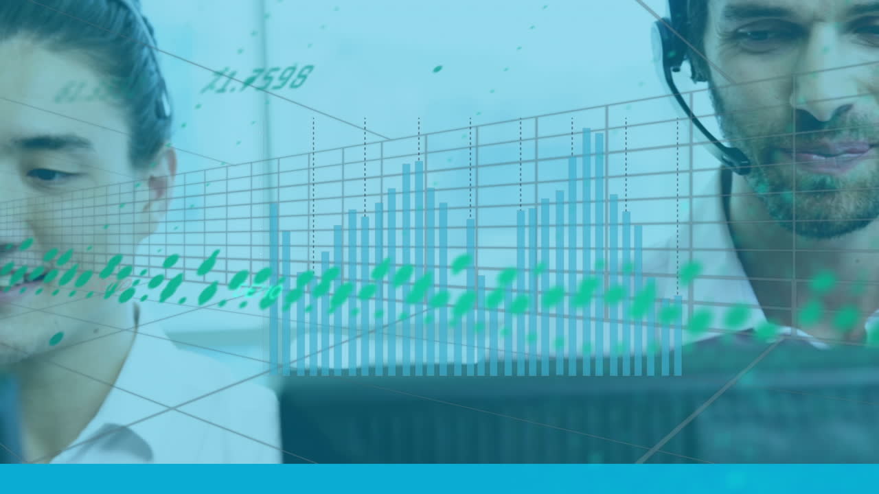 animación de gráficos financieros y datos sobre diversos consultores masculinos en la oficina