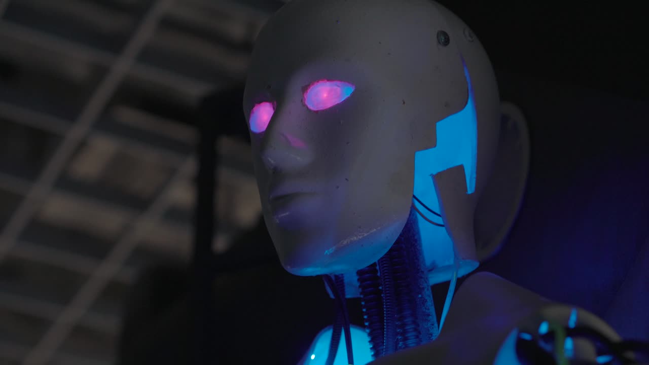 cabeza de robot con ojos luminosos