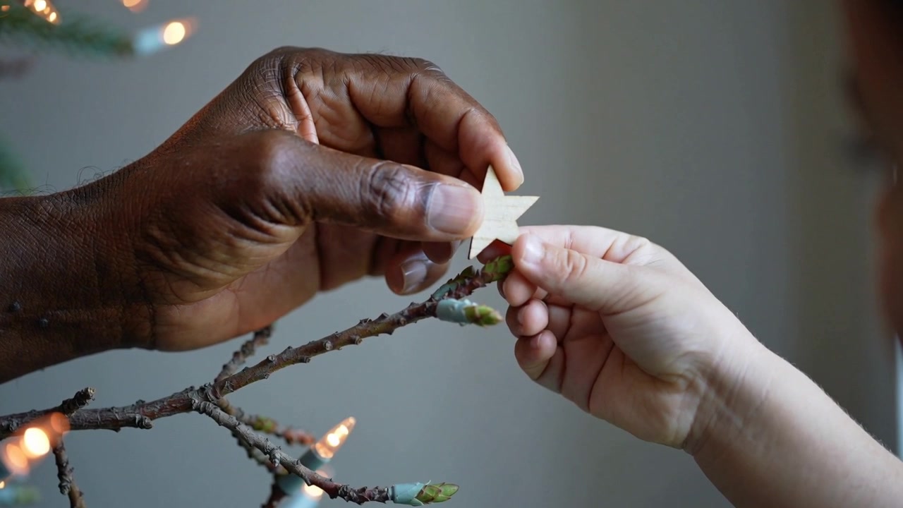 Placing adult hand lowering star ornament onto twig branch at home, child steadying string lights