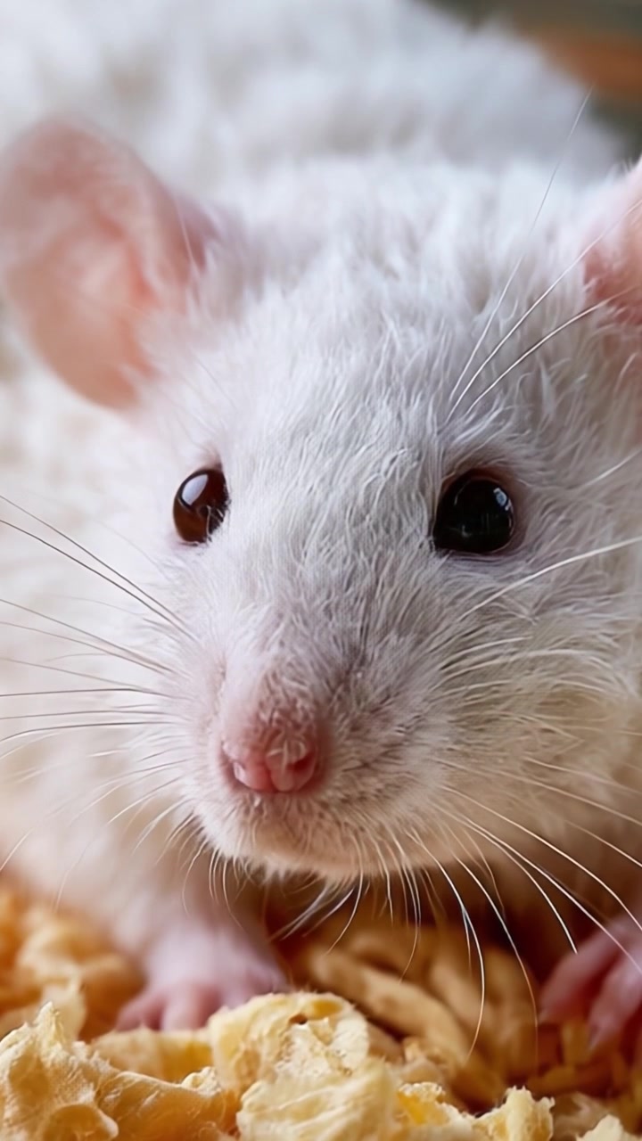 Primo piano di un simpatico ratto bianco annidato in una morbida lettiera, che mostra le sue adorabili caratteristiche e i suoi occhi luminosi, catturando l'essenza della compagnia di piccoli roditori.