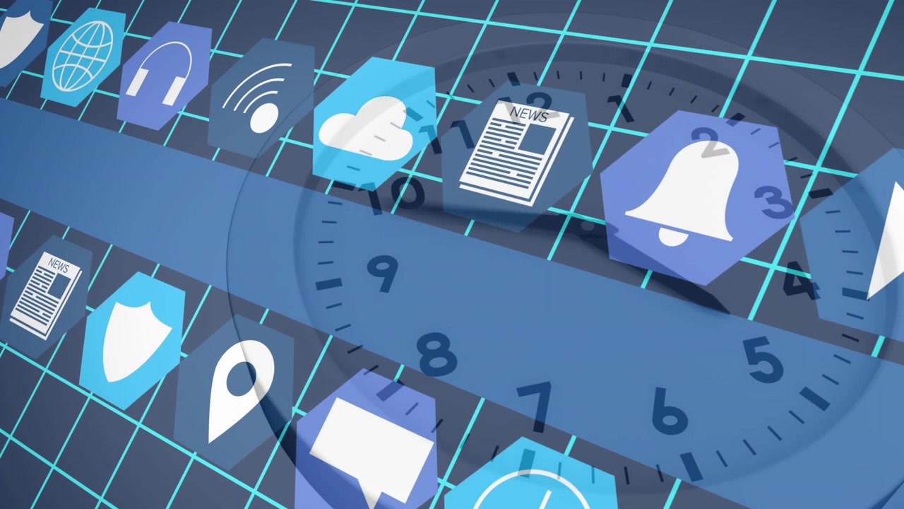 On start spiral tube rotating, clock hand sweeping, orbiting icons showing time progression