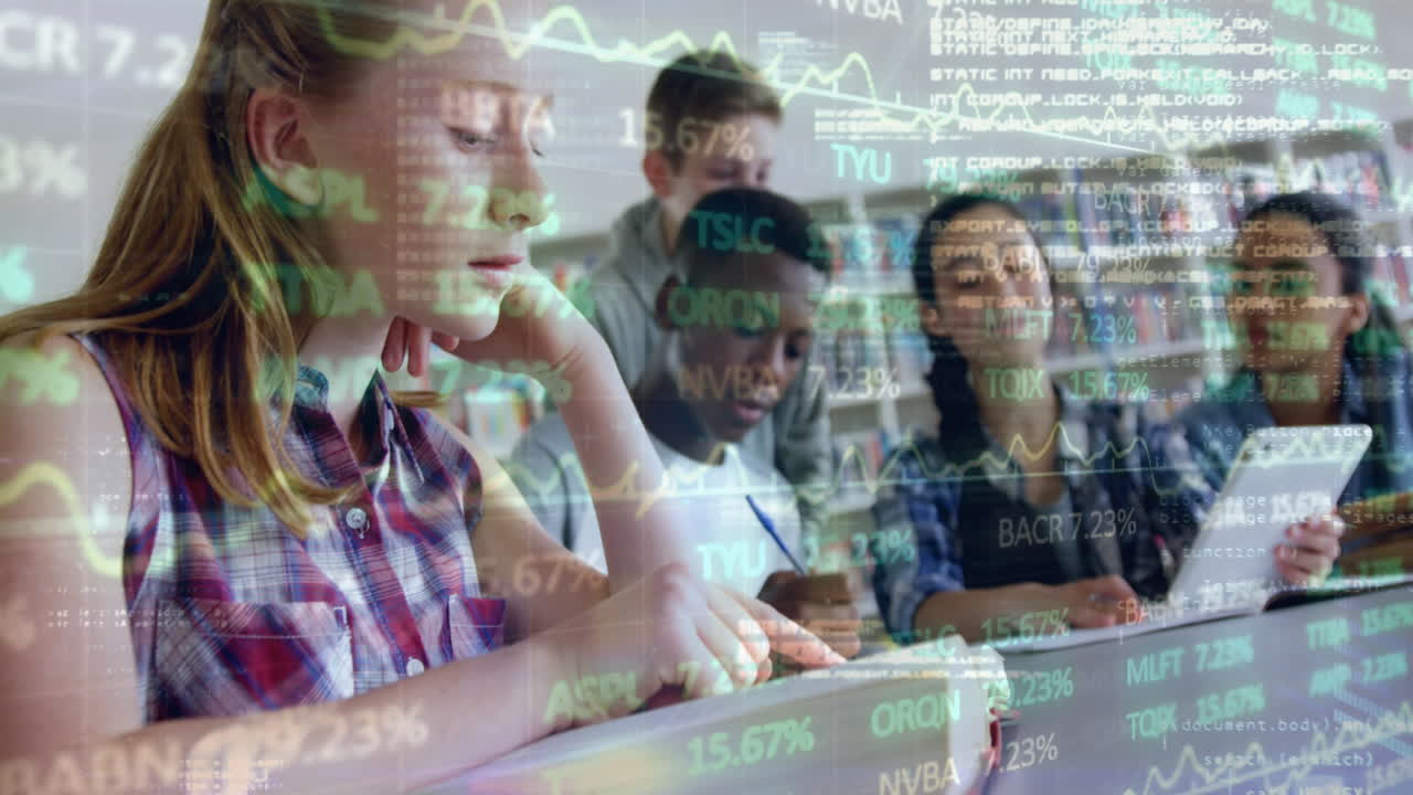 procesamiento de datos del mercado de valores contra un grupo de estudiantes que estudian juntos en la biblioteca