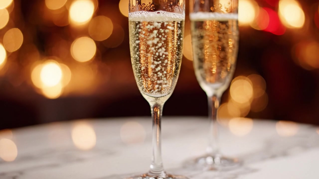 Scintillio celebrativo: due flûte di champagne effervescente poggiano su un tavolo di marmo, circondate da luci calde e brillanti, perfette per ogni occasione speciale o brindisi.