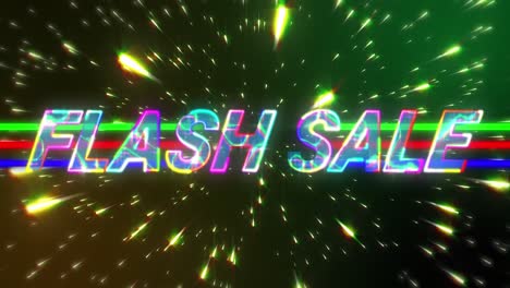 animation of flash sale text in colourful letters over glowing lights on dark background