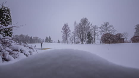 Pila-De-Nieve-De-Lapso-De-Tiempo-Que-Crece-En-Un-Campo-Rural-Nevado-Con-árboles,-Sin-Gente