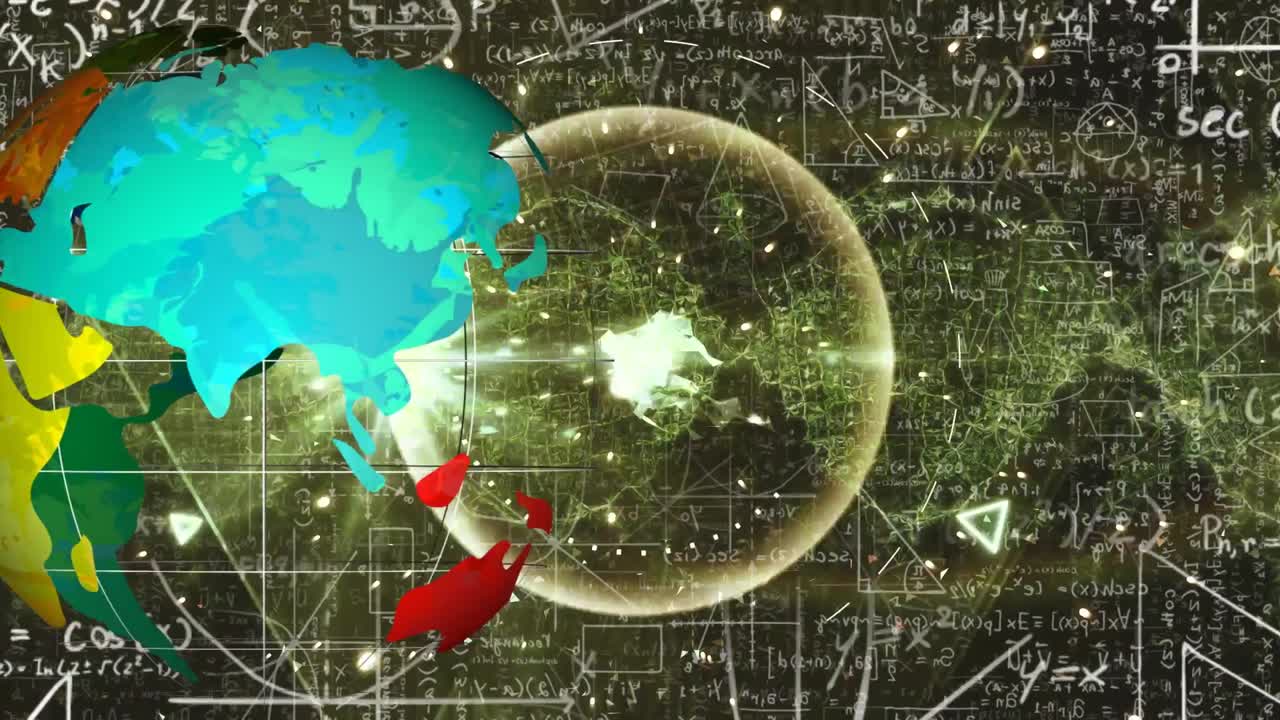 animación del globo, las luces, las formas y las fórmulas matemáticas sobre fondo negro