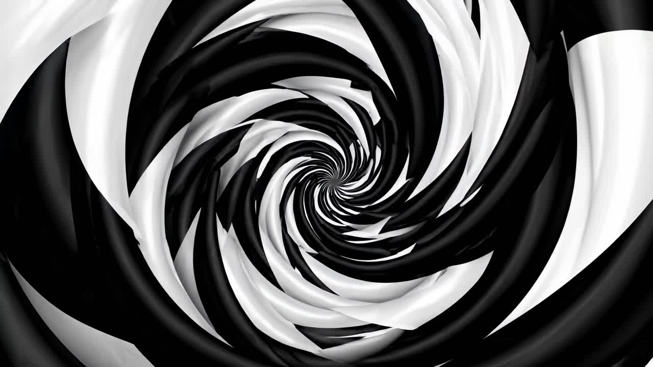 A hypnotic black and white spiral pattern, captured from a top-down angle, creates a dizzying visual