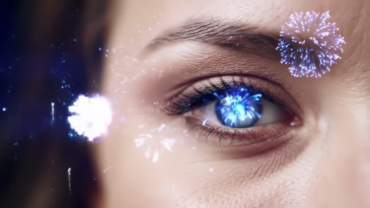 A Close-Up Exploration of a Mesmerizing Eye with Sparkling Fireworks Reflected in the Iris, Symbolizing Wonder and Celebration