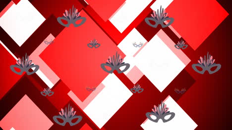 animación de máscaras de mascarada grises sobre un fondo abstracto rojo y blanco