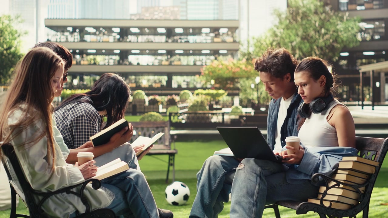 Diverse students reading books and reviewing study materials on campus bench