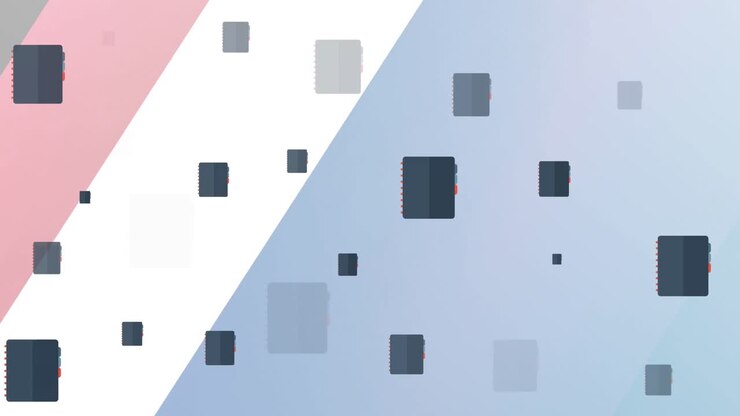Animation of black notebooks appearing and disappearing on grey, pink and white
