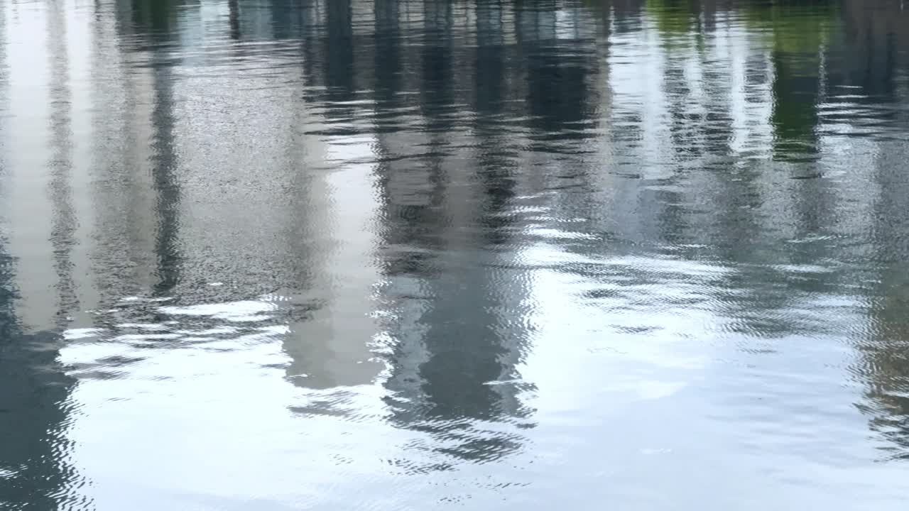 Buildings reflected in calm water creating a mirror-like effect on a clear day