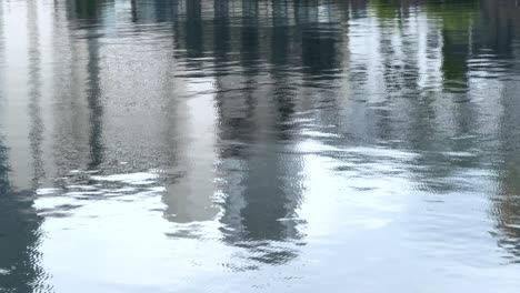 buildings reflected in calm water creating a mirror-like effect on a clear day