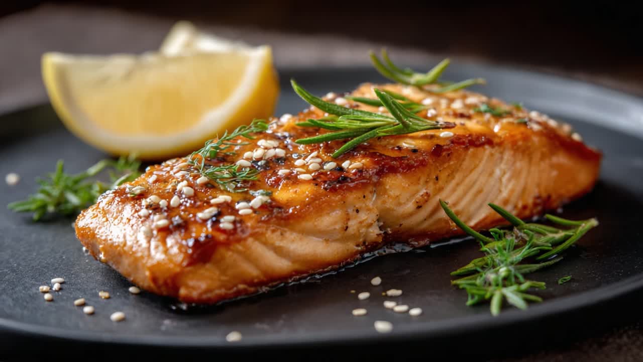Culinary Delight: Glazed Salmon Fillet with Fresh Herbs and Citrus Garnish, Perfectly Seared and Garnished for a Gourmet Dining Experience